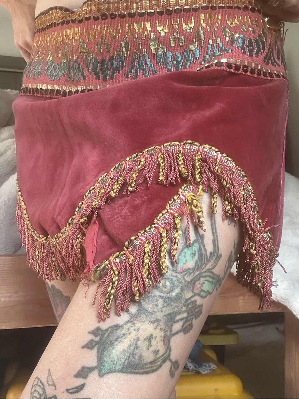 Embroidered Red Mini Skirt/ swimsuit cover with Gold Fringe- festival attire